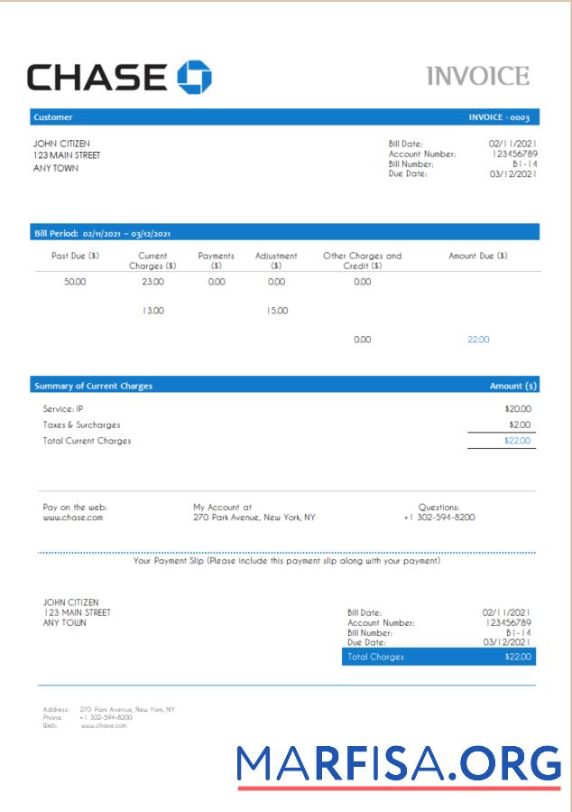 Downloadable USA Chase invoice download for verification